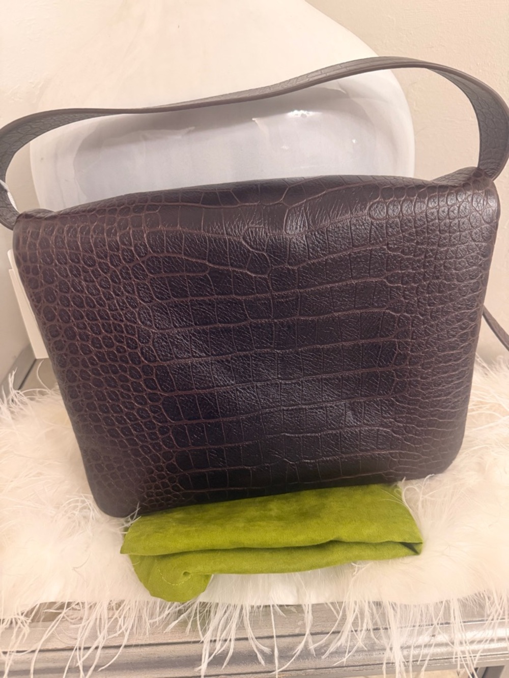 Tory Burch Runway Large Charlie Croc Embossed Leather Shoulder Bag - Picture 2 of 4